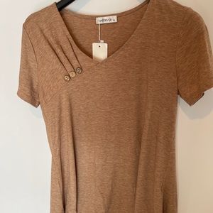 Moqivgi Women Top V-neck Short Sleeve Pleated Button Trim Apricot Size XL